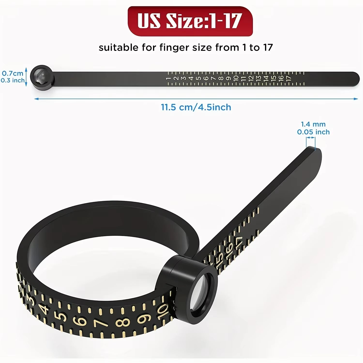 Adjustable Ring Sizer with Magnifier US/UK/EU/HK Size Chart Reusable Finger Measuring Tool for Accurate Ring Sizing